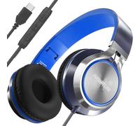 INFURTURE USB C Headphones Wired with Mic Type C Headpho Volume Control,Tangle-Free Plaiting Line,Over/On-Ear Headphones,Lightweight Foldable for Smartphone,Tablet,iPhone 16/15 Series(Blue-Black)