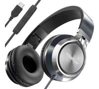 INFURTURE USB C Headphones Wired with Mic Type C Headphones Volume Control, Tangle-Free Plaiting Line, Over Ear Headphone, Foldable Headphones for iPad, Tablet, iPhone 17/16/15 Series (Black)