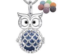 INFUSEU Aromatherapy Jewellery Essential Necklaces, Anxiety Relief Oils Diffuser for Women Girls, Silver Plated Wise Big Eye Owl Locket Pendant with 24" Chain & 7 Reusable Lava Beads