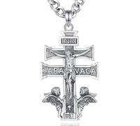 INFUSEU Caravaca Cross Necklace, 925 Sterling Silver Pagan Medal Patron Pendant Christian Religious Angelic Faith Spanish Protection Dual Wear Jewelry Amulet Gifts for Men Women