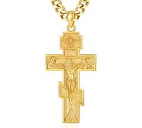INFUSEU Crucifix Cross Necklace, 925 Sterling Silver Jesus 18K Gold Pendant Steel Orthodox Christian Jewelry Byzantine Amulet Catholic Protection Adjustable Gift for Men and Women