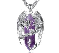 INFUSEU Crystal Dragon Necklace, Nordic Dragon Wrapped Cylinder Gemstone Amethyst Pendant Hexagonal Healing Gothic Natural Jewelry Gift for Men Women