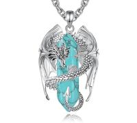 INFUSEU Crystal Dragon Necklace, Nordic Dragon Wrapped Cylinder Gemstone Turquoise Crystal Pendant Hexagonal Pendant Gothic Jewelry Gift for Men Women
