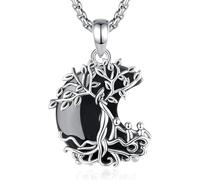 INFUSEU Family Tree Necklace Tree of Life Pendant Crescent Moon Obsidian Mum Three Kids Gift Mothers Day Jewellery for Women Her