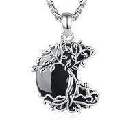 INFUSEU Family Tree Necklace Tree of Life Pendant Crescent Moon Obsidian Mum Two Kids Gift Mothers Day Jewellery for Women Her