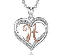 INFUSEU H Initial Necklace, Double Heart Pendant Rose Gold Letter Cubic Zirconia CZ Jewellery Personalised Gifts For Wife Mom Girlfriend, 20 Inch Chain