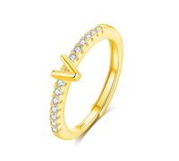INFUSEU Initial Ring, Letter V S925 Sterling Silver Adjustable Gold Rings Stackable Capital Alphabet Jewelry Personalized Cz Birthday Christmas Bridesmaid Gifts for Women Girl