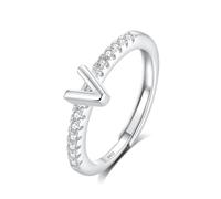 INFUSEU Initial Ring, Letter V S925 Sterling Silver Adjustable Rings Stackable Capital Alphabet Jewelry Personalized Cz Birthday Christmas Bridesmaid Gifts for Women Girl