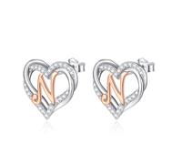 INFUSEU Letter Earring, 925 Sterling Silver N Stud Earrings Initial Small Earrings Rose Gold Heart Letter A-Z First Name Alphabet Initials Personalized Jewelry Gifts for Women Girls Ladies