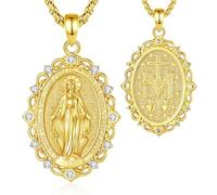 INFUSEU Mary Necklace Medal Miraculeuse Virgin Mary 18K Golden Pendant Protection Catholic Sacred Necklace Religious Jewellery Communion Christian Faith Gift for Women