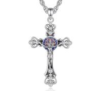 INFUSEU Necklace Christian Cross Crucifix Pendant Cross Jesus St Benedict Reversible Catholic Jewellery Jesus INRI Religious Gift for Men and Women