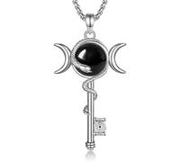 INFUSEU Necklace Obsidian Snake Key Hecate Triple Moon Goddess Copper Pendant Witchcraft Wicca Vintage Unique Jewellery Protection Gift for Women