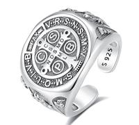 INFUSEU Ring of Saint Benedict, 925 Sterling Silver Saint Benedict Religious Catholic Christian Exorcism Men's Ring Knights Templar Christian Medal Cross Order Protection