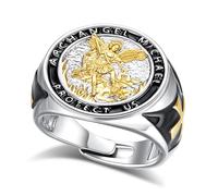 INFUSEU Saint Michael Ring Rhodium Plated Adjustable Catholic Protection Archangel Michael Ring Medal Exorcism Blessing Medal Band Religious Christian Jewellery Gift for Men