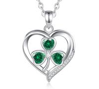 INFUSEU Shamrock Necklace Four Leaf Clover Pendant Irish Heart Emerald Green Gemstone Jewelry Gift for Women