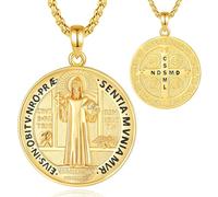 INFUSEU St. Benedict Pendant Necklace, 925 Sterling Silver 18K Gold Men's Jewelry with Warrior Circular Saint Medal Necklace for Men Women
