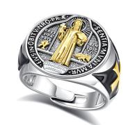 INFUSEU St Benedict Ring Rhodium Plated Adjustable Catholic Protection San Benito Ring Medal Exorcism Blessing Medal Band Religious Christian Jewelry Gift for Men