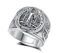 INFUSEU St Benedict Ring Rhodium Plated Catholic Protection San Benito Ring Medal Exorcism Blessing Medal Band Religious Christian Jewellery Gift for Men