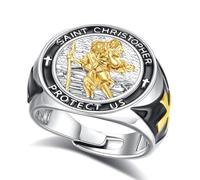 INFUSEU St Christopher Ring Rhodium Plated Adjustable Catholic Protection Patron Saint of Travelers Ring Medal Exorcism Blessing Medal Band Religious Christian Jewellery Gift for Men