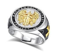 INFUSEU St Michael Ring Rhodium Plated Adjustable Catholic Protection Archangel Michael Ring Medal Exorcism Blessing Medal Band Religious Christian Jewellery Gift for Men