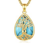 INFUSEU Tree Of Life Necklace Crystal Hug Couple Tree for Women Turquoise 18K Golden Pendant Teardrop Gemstone Family Jewellery Yggdrasil Gifts for Women Ladies