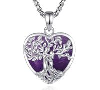 INFUSEU Tree of Life Necklace for Women, Crystal Hug Couple Tree Pendant Amethyst Heart shaped Stone Yggdrasil Family Jewellery Gifts for Mum Her