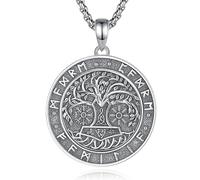 INFUSEU Viking Tree of Life Necklace, 925 Silver Runes Nordic Amulet Protection Berserker Odin Byzantine Yggdrasil Wolf Pendant Gothic Gifts for Men Women