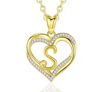 INFUSEU Womens Heart Initial Necklace, Gold Letter S Pendant Cubic Zirconia CZ Jewelry for Lady Wife Mom Girlfriend Gifts, 20 Inch Chain
