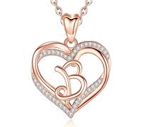 INFUSEU Womens Necklace with Letter B Initial on It, Alphabet Jewelry Rose Gold Cubic Zirconia Double Heart Pendant and 20 Inch Chain for Female Name Gifts