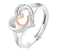 INFUSEU Women's Ring with Initials, 925 Sterling Silver C Letter Heart Open Rings Letter Shape Initial Name Alphabet A-Z Adjustable Personalized Jewelery Gifts for Women Ladies Girls