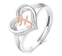 INFUSEU Women's Ring with Initials, 925 Sterling Silver F Letter Heart Open Rings Letter Shape Initial Name Alphabet A-Z Adjustable Personalized Jewelery Gifts for Women Ladies Girls