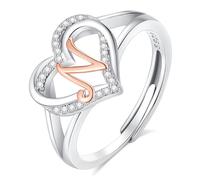 INFUSEU Women's Ring with Initials, 925 Sterling Silver N Letter Heart Open Rings Letter Shape Initial Name Alphabet A-Z Adjustable Personalized Jewelery Gifts for Women Ladies Girls