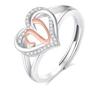 INFUSEU Women's Ring with Initials, 925 Sterling Silver V Letter Heart Open Rings Letter Shape Initial Name Alphabet A-Z Adjustable Personalized Jewelery Gifts for Women Ladies Girls