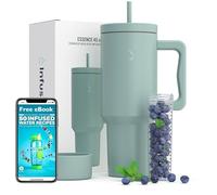 Infusion Pro 40 oz Tumbler with Handle, Fruit Infuser & Straw Lid : 50 Recipe Fruit Infusion eBook : Bottom Boot : Fits Cupholder : Stainless Steel Insulated Travel Mug : Essence (BLUE SURF)