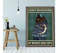 Inga Cat Poster Easily Distracted By Books And Cats Black Cat Love Read Metal Tin Sign Poster 8x12 inches