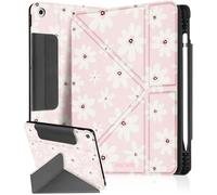 Ingcase for iPad 9th/8th/7th Gen Case - Trifold & Y Stand for Women Cute Girly Design with Build - in Pencil Holder and Auto Sleep/Wake Cover for Apple Tablet, White-Flowers