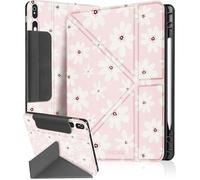 Ingcase for Samsung Galaxy Tab S9/ S9FE/ S10/ S10 FE/S10 Lite Case - Multi-Angle Includes Portrait Stand with Build-in Pencil Holder and Auto Sleep/Wake Cover for Samsung Tablet, White-Flowers