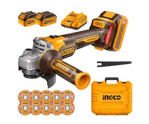 INGCO 115mm Cordless Angle Grinder 20V Brushless Angle Grinder Tools 9000RPM M14 with 2Pcs 4.0Ah Batteries, 1Pcs Fast Charger, 10Pcs Cutting Discs for Cutting, Polishing and Sharpening CAGLI211542