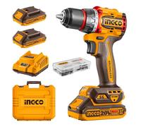INGCO 20V Cordless Compact Drill 66NM, Brushless Motor, 2-Speed Gear, 22+1 Torque, 13mm Chuck, LED Work Light with 2Pcs 2.0Ah Battery and 1Pcs Charger CDLI20668