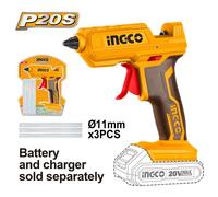 INGCO 20V Cordless Hot Glue Gun with LED - 3 Glue Sticks, No Battery