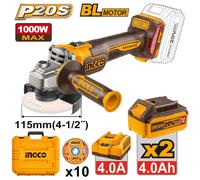 INGCO Cordless Brushless Angle Grinder 20V 1000W Kit 10 Discs Case CAGLI271532E