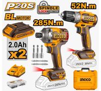 Ingco Drill And Impact Drill - 2 Pcs Combi Kit - Brushless Cordless 20V Li-Ion With Batteries And Charger