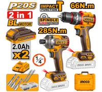 Ingco Drill & Impact Driver Combo Kit - 20 V Brushless 66 Nm Drill And High-Torque Driver, 2X 2.0Ah Batteries And Charger Included