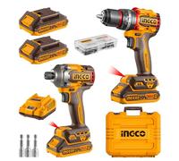 INGCO Impact Driver 285NM and Impact Drill 66NM Twin Pack, 20V Brushless Motor, with 2Pcs 2.0Ah Battery and 1Pcs Charger CKLI20277