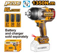 Ingco Impact Wrench 3/4 Inch, 1350 Nm Torque, Brushless Cordless 20V, 3-Speed, Led Light, (Body Only)
