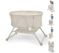Ingenuity Snooze & Stow Easy-Folding Bassinet with Sound, Light, and Vibration, Portable Baby Bassinet with One-Hand Fold, Mesh Sides, Storage Shelf, and Wheels