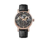 Ingersoll 1892 The Herald Black and Rose Gold Skeleton Dial Black Leather Strap Automatic Mens Watch, Black, Men Black