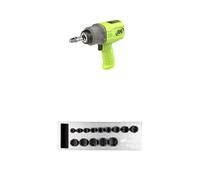 Ingersoll-Rand 2236QTIMAX-G DXS2 1/2" Air Impact Wrench, Quiet, 1500 ft-lb Torque, Titanium Hammercase, Green with DXS2 Drive Hex SAE Imperial Impact Socket Set, 14-Piece, Chrome-Molybdenum Steel