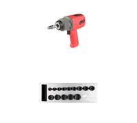 Ingersoll-Rand 2236QTIMAX-R DXS2 1/2" Air Impact Wrench, Quiet, 1500 ft-lb Torque, Titanium Hammercase, Red with DXS2 Drive Hex SAE Imperial Impact Socket Set, 14-Piece, Chrome-Molybdenum Steel