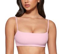 INGIA Women's Square Neck Sports Bra Spaghetti Strap Padded Cami Yoga Wireless Square Back Workout Bra Crop Top, Milk Pink, S